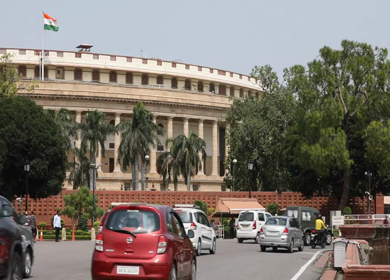 A static shot of the Parliament House in New Delhi, India