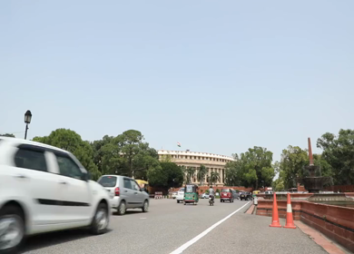 A static shot of the Parliament House in New Delhi, India