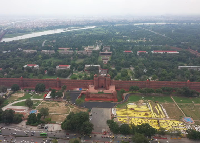 An aerial shot of the Red Fort, Lal Qila in New Delhi, India