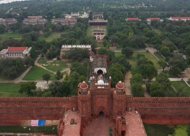 An aerial shot of the Red Fort, Lal Qila in New Delhi, India