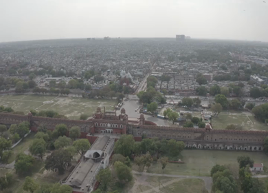 An aerial shot of the Red Fort, Lal Qila at New Delhi, India