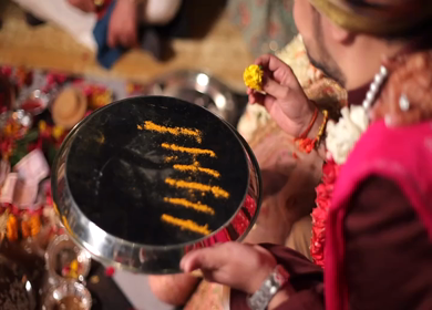 A shot of an Indian Wedding where rituals are being performed at New Delhi, India