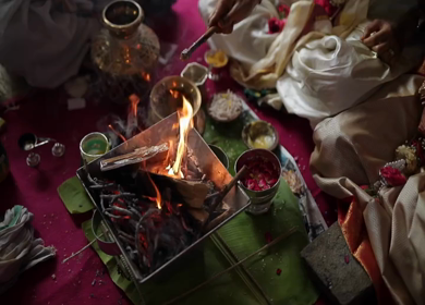 A shot of pyre burning at an Indian wedding for rituals in New Delhi, India