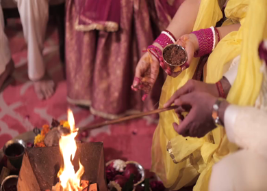 A shot of an Indian Wedding where rituals are being performed at New Delhi, India