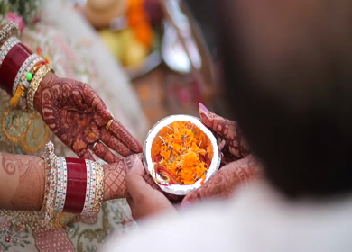 A shot of an Indian Wedding where rituals are being performed at New Delhi, India