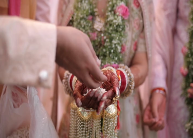 A shot of an Indian Wedding where rituals are being performed at New Delhi, India