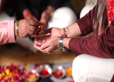 A shot of an Indian Wedding where rituals are being performed at New Delhi, India