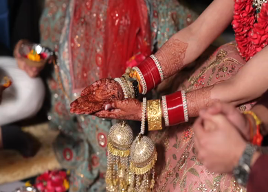 A shot of an Indian Wedding where rituals are being performed at New Delhi, India