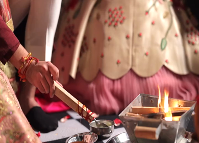A shot of an Indian Wedding where rituals are being performed at New Delhi, India