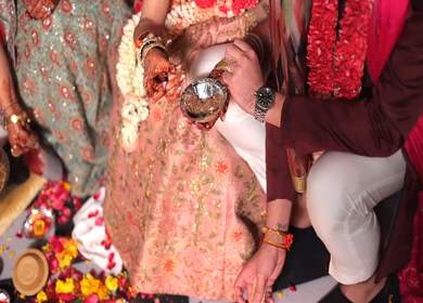 A shot of an Indian Wedding where rituals are being performed at New Delhi, India