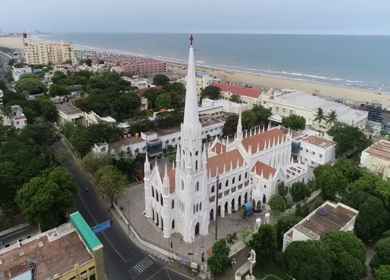 An aerial shot of San Thome Church in Chennai during the COVID-19 lockdown in India