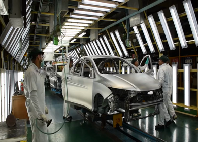 Greater Noida, CIRCA April 2017: Car being checked before going to the paint booth at car manufacturing plant in India