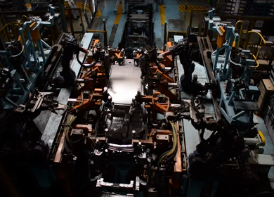 Greater Noida, CIRCA April 2017: Welding being done by Robots in car production plant in india