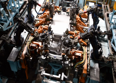 Greater Noida, CIRCA April 2017: Welding being done by Robots in car production plant in india