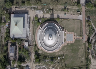 A aerial shot of Shanti Stupa in Indraprastha Park at New Delhi, India