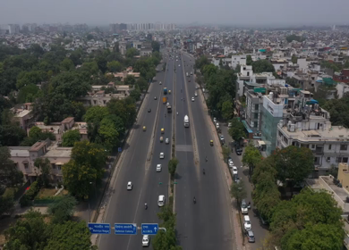 An aerial shot of a busy road at South Extension Market in New Delhi,India