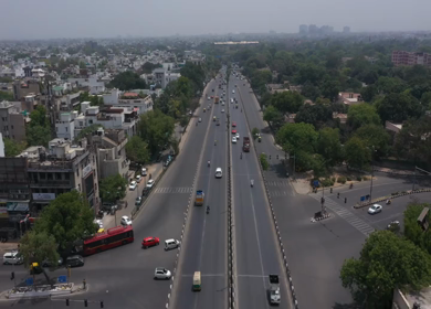 An aerial shot of a busy road at South Extension Market in New Delhi,India