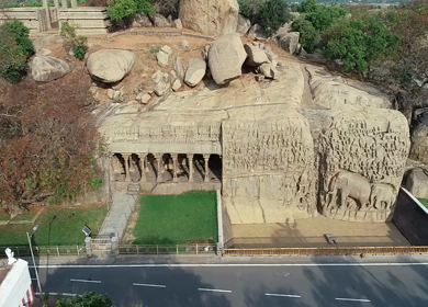 An aerial shot of the Krishna's Butter Ball, Mahabalipuram, Tamilnadu, India