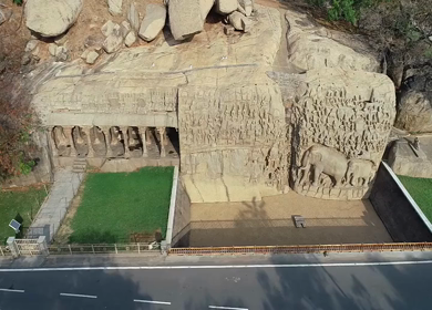 An aerial shot of the Krishna's Butter Ball, Mahabalipuram, Tamilnadu, India