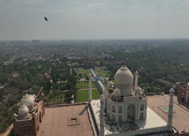 A Beautiful Aerial Shot of Taj Mahal beside Yamuna River at Agra in India