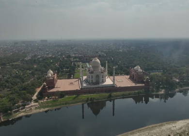 A Beautiful Aerial Shot of Taj Mahal beside Yamuna River at Agra in India