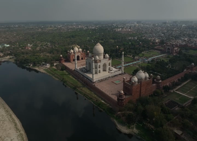 A Beautiful Aerial Shot of Taj Mahal beside Yamuna River at Agra in India