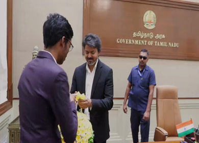 08th June 2026 : Tamil Nadu Chief Minister Thalapathy Vijay meets Indian chess grandmaster R Praggnanandhaa and his family during a felicitation ceremony in Chennai, India