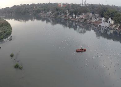 An aerial shot of Yamuna Ghat during Covid-19 Lockdown at New Delhi,India