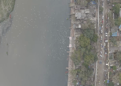 An aerial shot of Yamuna Ghat during Covid-19 Lockdown at New Delhi,India