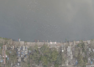 An aerial shot of houses and establishments at Yamuna Ghat