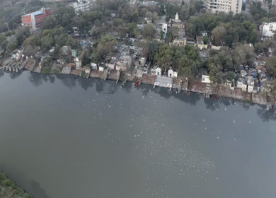 An aerial shot of Yamuna Ghat during Covid-19 Lockdown at New Delhi,India