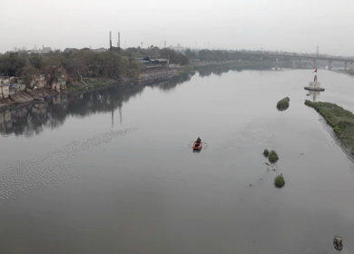 An aerial shot of Yamuna Ghat during Covid-19 Lockdown at New Delhi,India