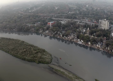 An aerial shot of Yamuna Ghat during Covid-19 Lockdown at New Delhi,India