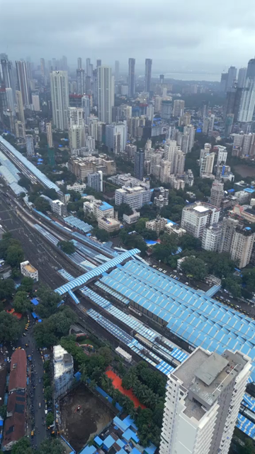 Vertical Aerial Evening View of Dadar Railway Station and Mumbai Cityscape