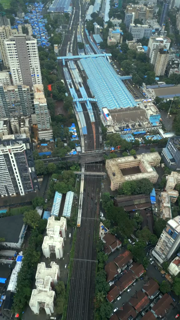 Vertical Aerial Evening View of Dadar Railway Station and Mumbai Cityscape
