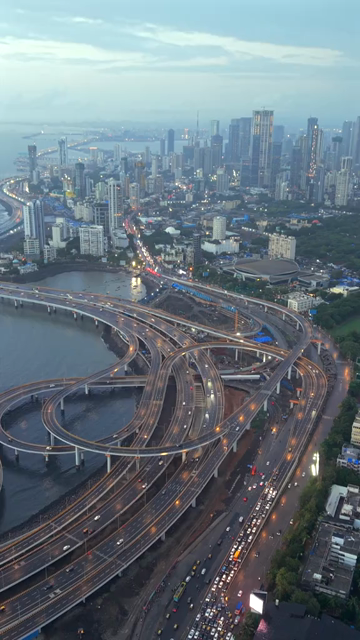 Vertical Aerial Evening View of Mumbai Coastal Road and Interchanges Maharashtra India