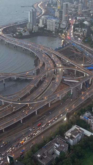 Vertical Aerial Evening View of Mumbai Coastal Road and Interchanges Maharashtra India