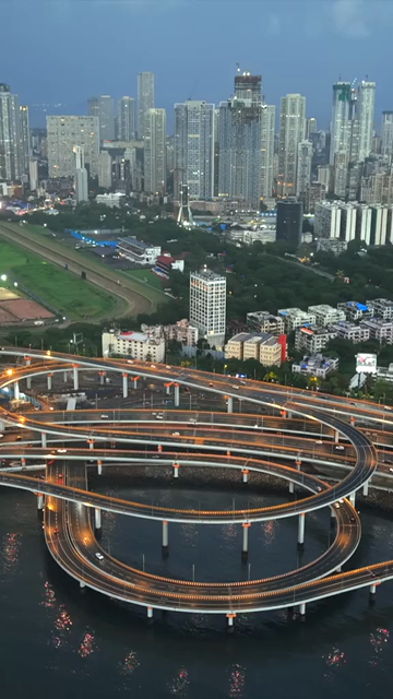 Vertical Aerial Evening View of Mumbai Coastal Road and Interchanges Maharashtra India