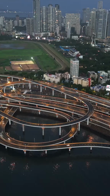 Vertical Aerial Evening View of Mumbai Coastal Road and Interchanges Maharashtra India