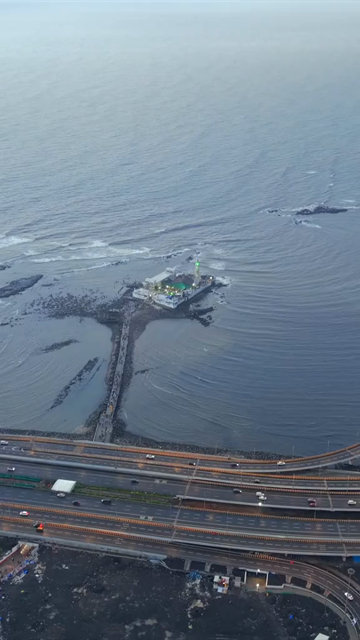 Vertical Aerial Evening View of Mumbai Coastal Road Haji Ali Dargah and Mumbai Skyline Maharashtra