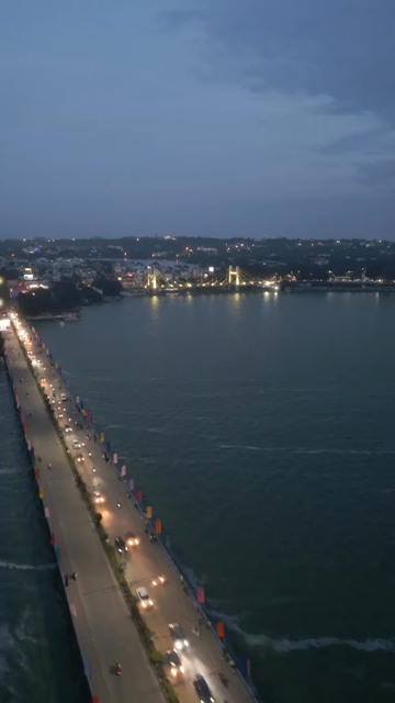 Vertical Aerial Evening View of Raja Bhoj Setu and Upper Lake Bhopal