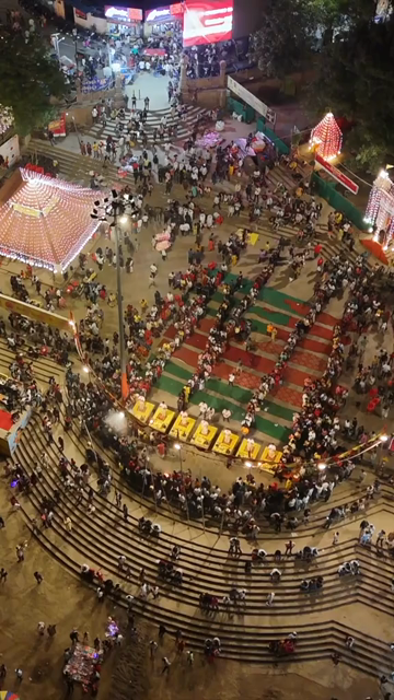Vertical Aerial Night View of Dev Deepawali Festival at Varanasi Ghats India