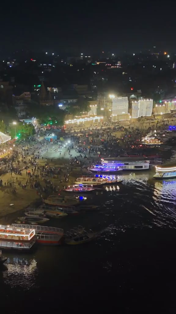 Vertical Aerial Night View of Dev Deepawali Festival at Varanasi Ghats India