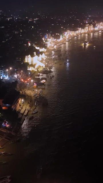 Vertical Aerial Night View of Dev Deepawali Festival at Varanasi Ghats India