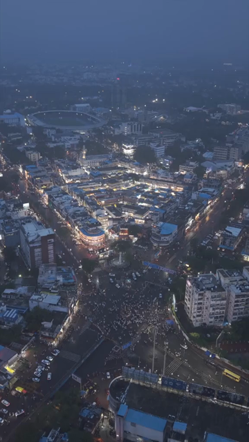 Vertical Aerial Night View of Farmers Protest at Board Office Square Bhopal Madhya Pradesh India