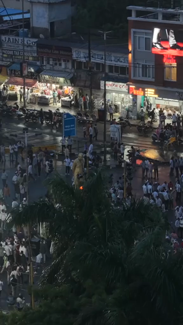 Vertical Aerial Night View of Farmers Protest at Board Office Square Bhopal Madhya Pradesh India