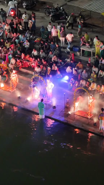 Vertical Aerial Night View of Godavari Aarti Ceremony in Nashik Maharashtra India