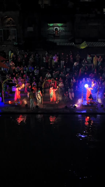 Vertical Aerial Night View of Godavari Aarti Ceremony in Nashik Maharashtra India