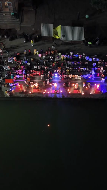 Vertical Aerial Night View of Godavari Aarti Ceremony in Nashik Maharashtra India