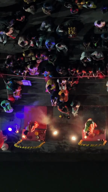 Vertical Aerial Night View of Godavari Aarti Ceremony in Nashik Maharashtra India